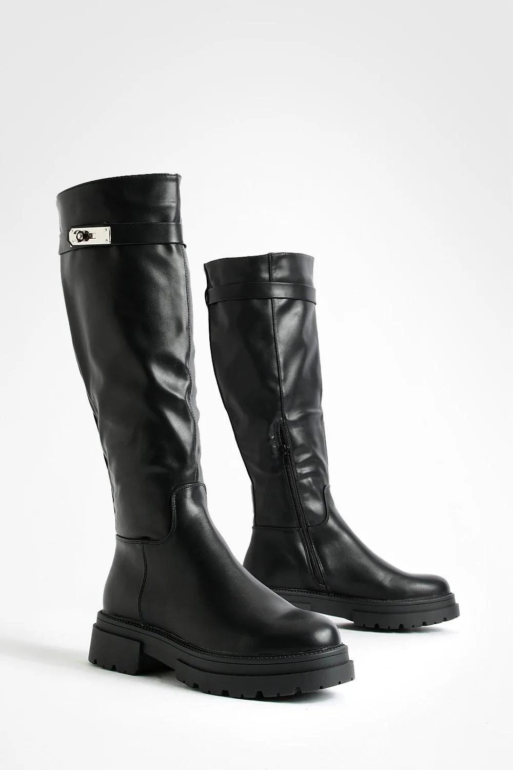 Buckle Detail Chunky Flat Knee High Biker Boots