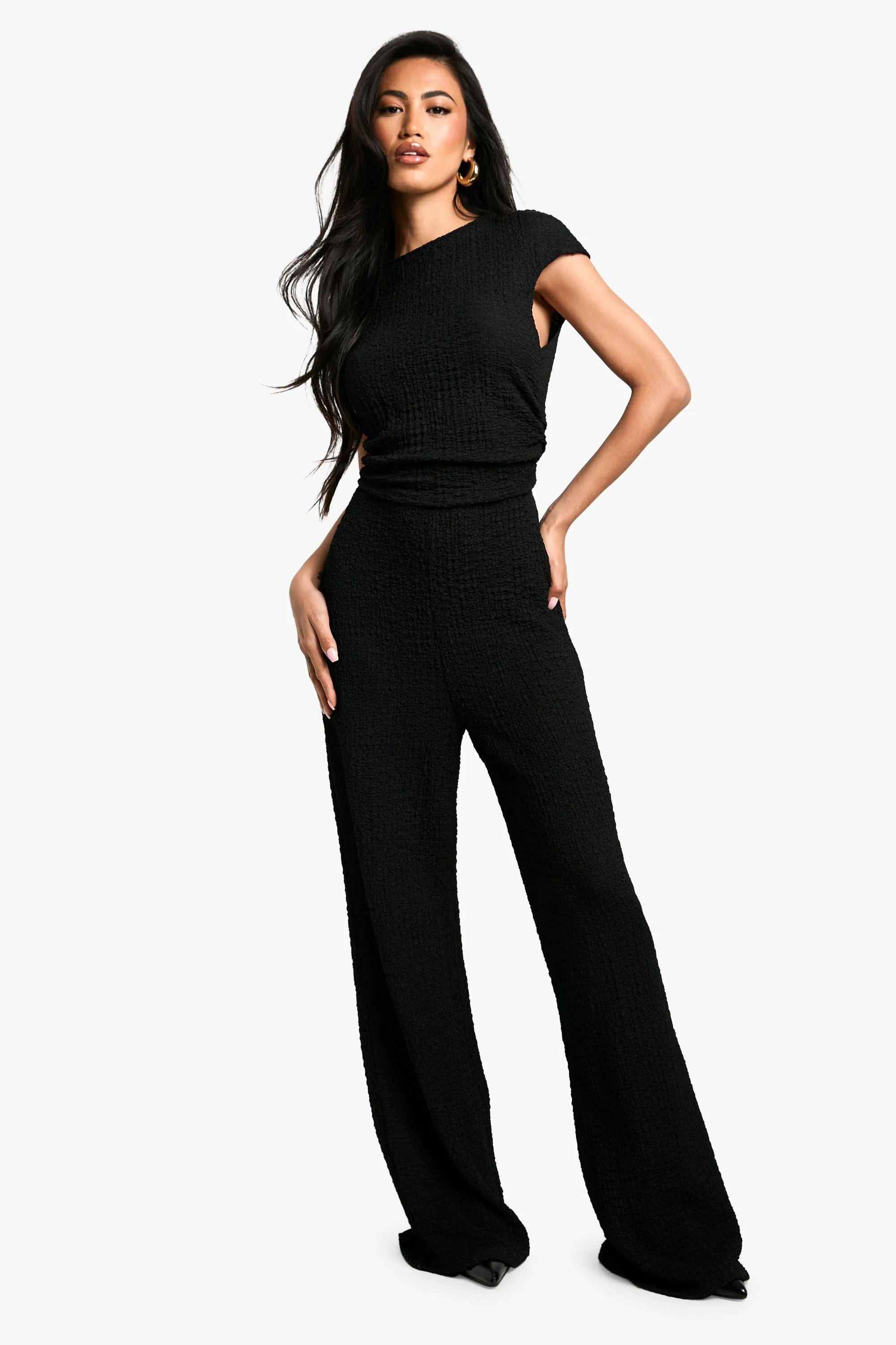 Cap Sleeve Textured Wide Leg Jumpsuit