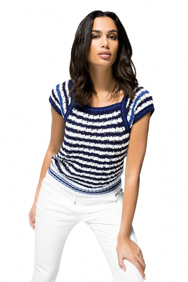 Caroline Biss STRIPED TRICOLOR CAP SLEEVE KNITTED TOP