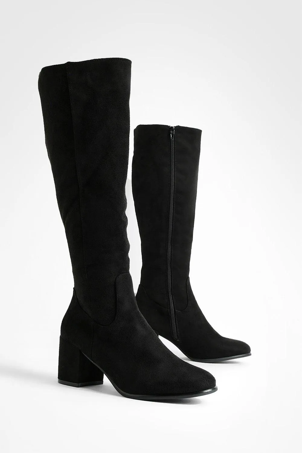 Faux Suede Low Block Pull On Knee High Boots