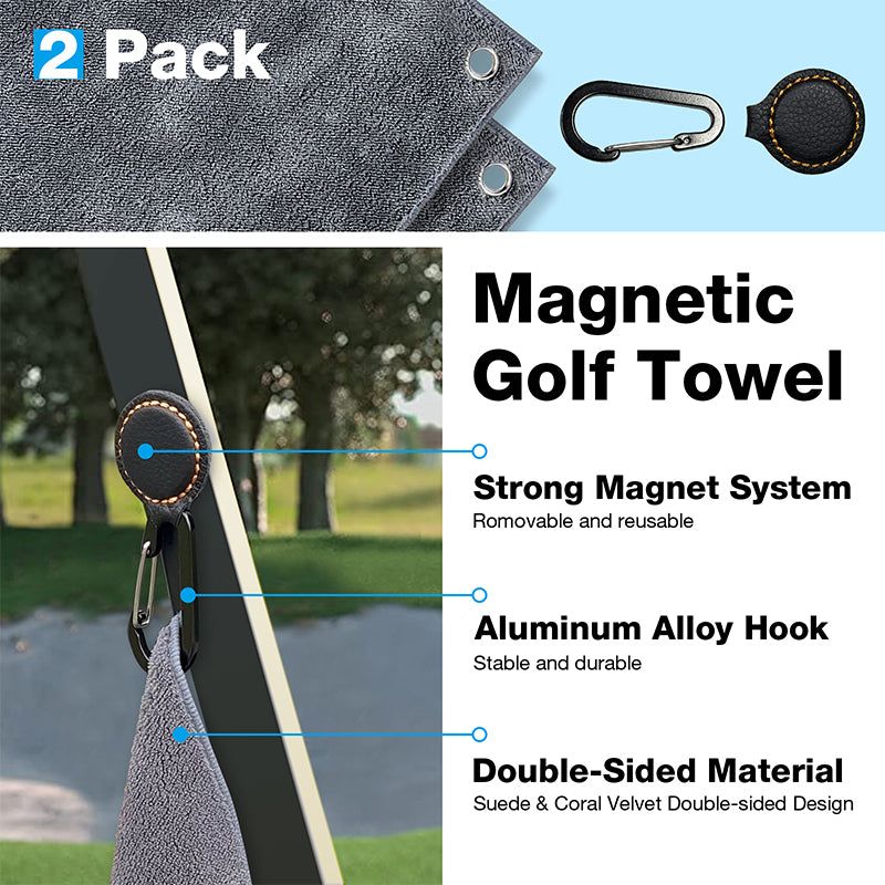 Magnetic Golf Towel (2Pcs Golf Towel with Carabiner Clip & Magnet)