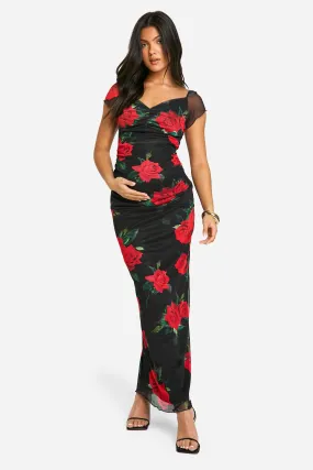 Maternity Mesh Rose Print Cap Sleeve Bodycon Midaxi Dress