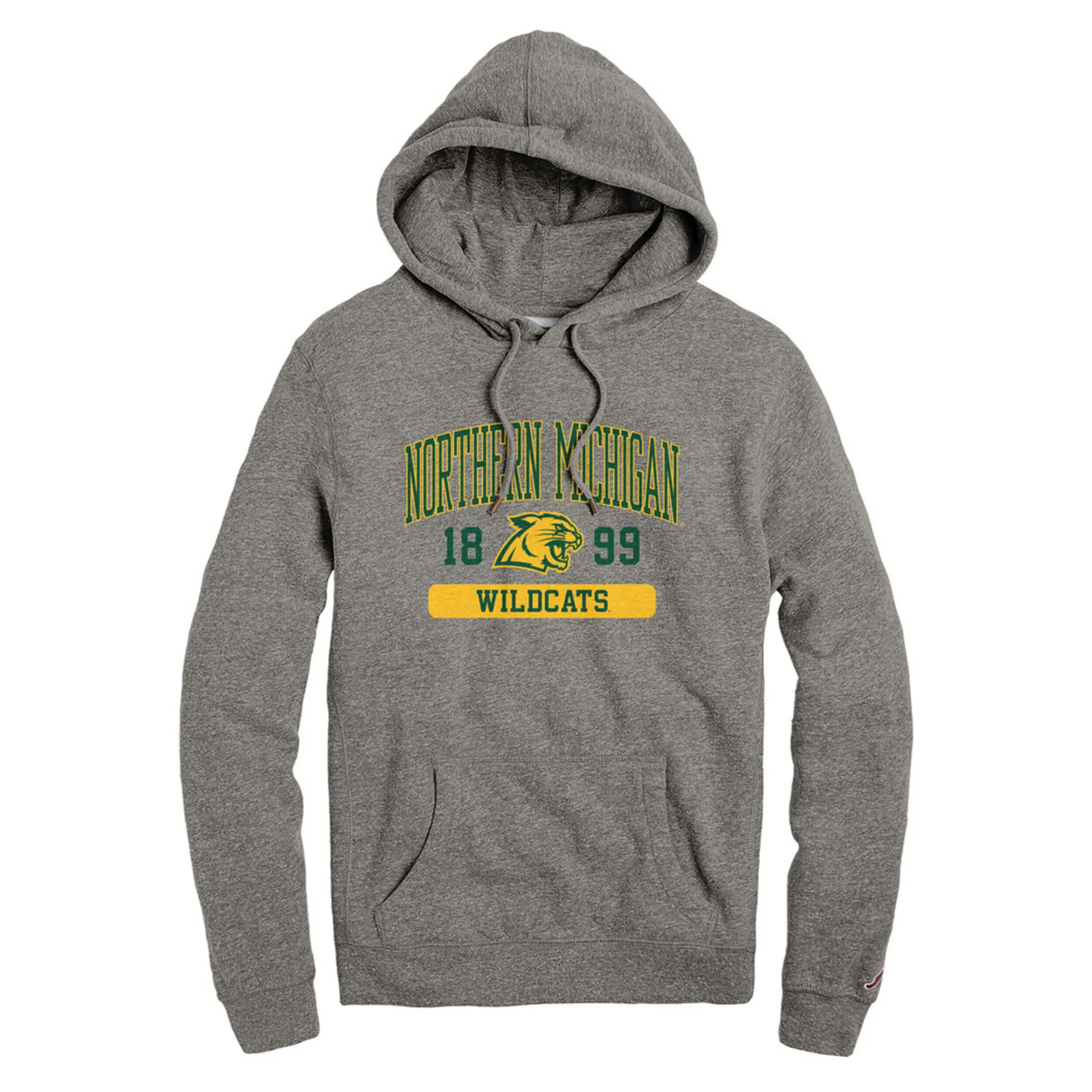 Mens LEAGUE H-GRAY Northern Michigan Wildcats Arch Name over Est Date Heritage Fleece Hood