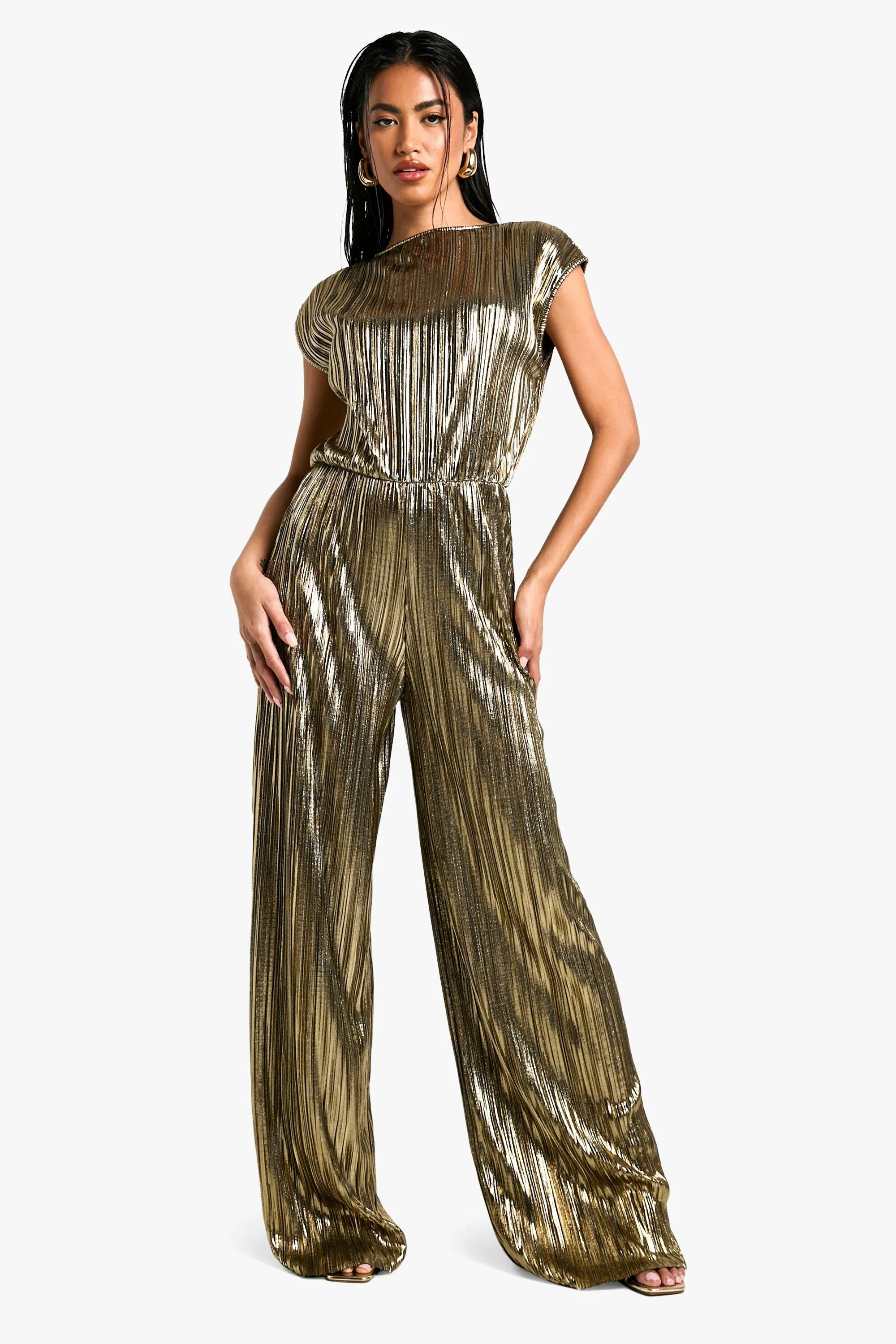 Metallic Plisse Cap Sleeve Jumpsuit