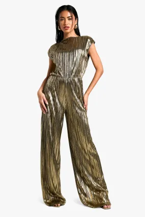 Metallic Plisse Cap Sleeve Jumpsuit