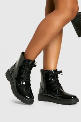 Patent Basic Lace Up Biker Boots