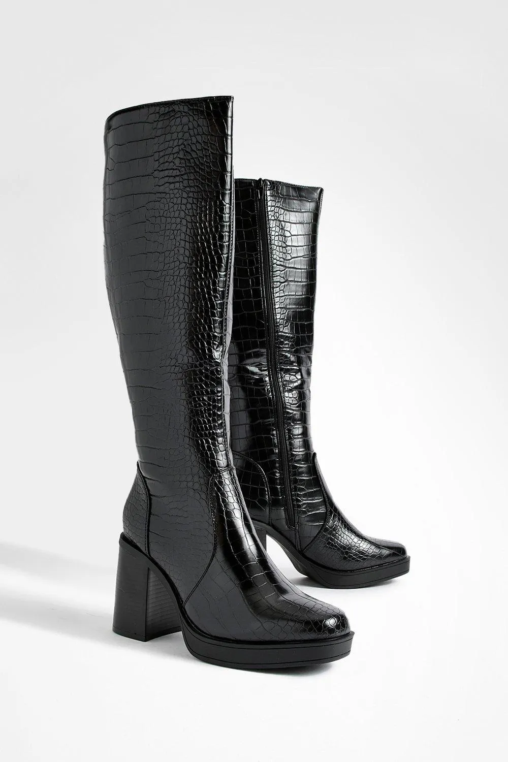 Platform Croc Block Heel Knee High Boots