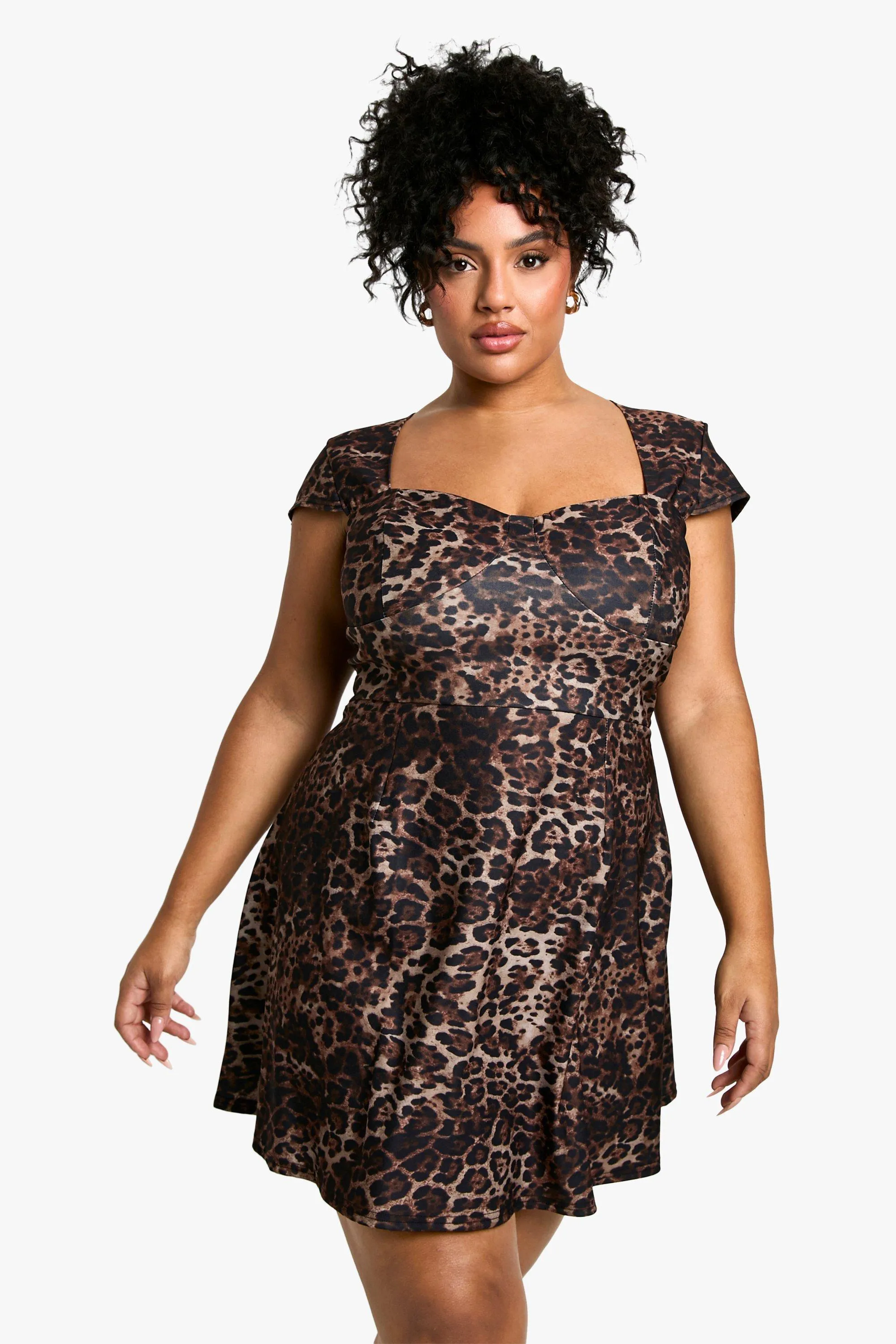 Plus Bengaline Leopard Cap Sleeve Skater Dress