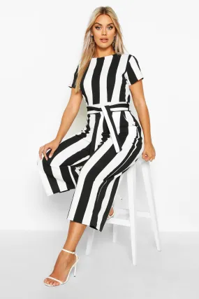 Plus Stripe Cap Sleeve Tie Waist Culotte Jumpsuit