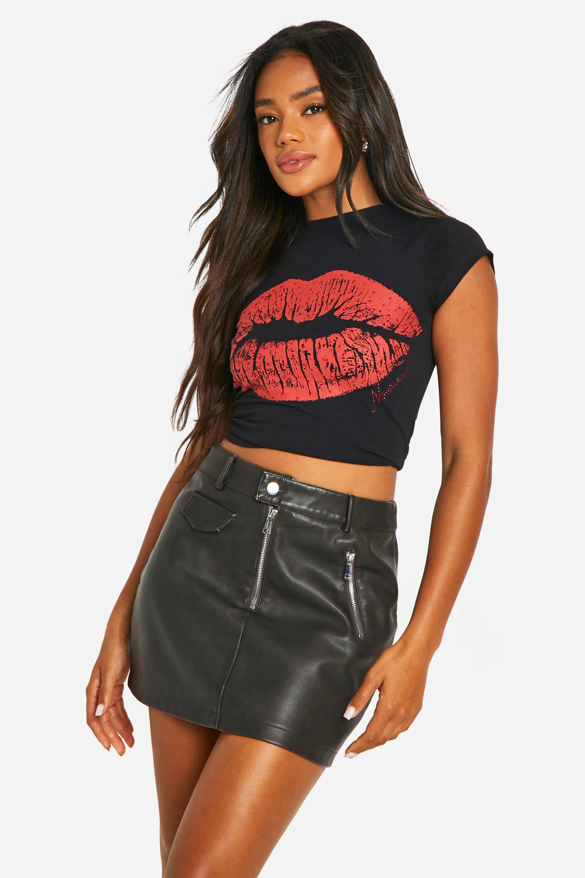 Rhinestone Lips Cap Sleeve T-Shirt