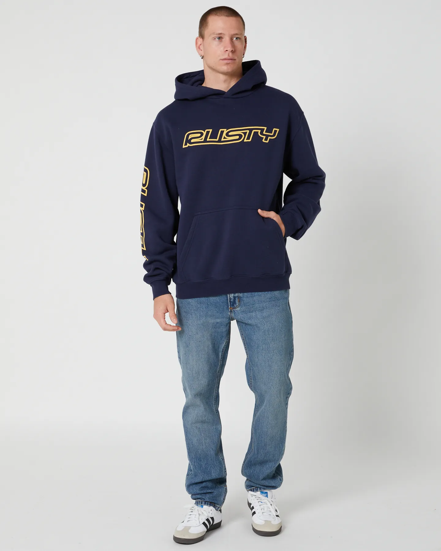 Rusty Shoulda Shrug Relaxed Super Fleece Hood - Navy/Mimosa Yellow | SurfStitch