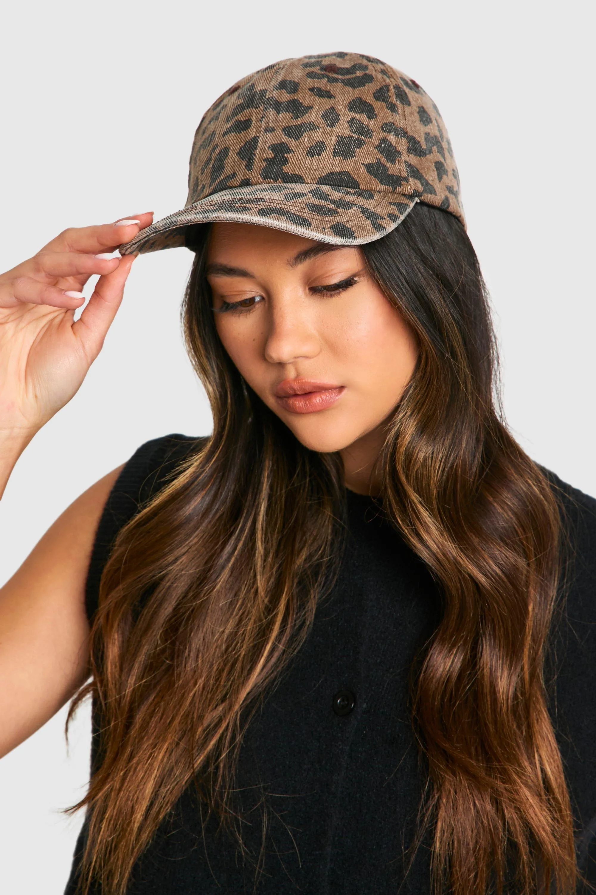 Washed Denim Leopard Cap