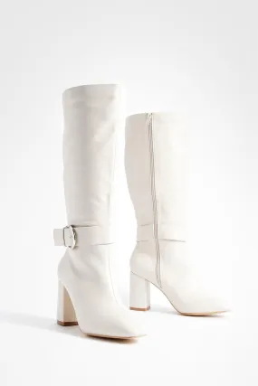 Wide Width Buckle Block Heel Knee High Boots